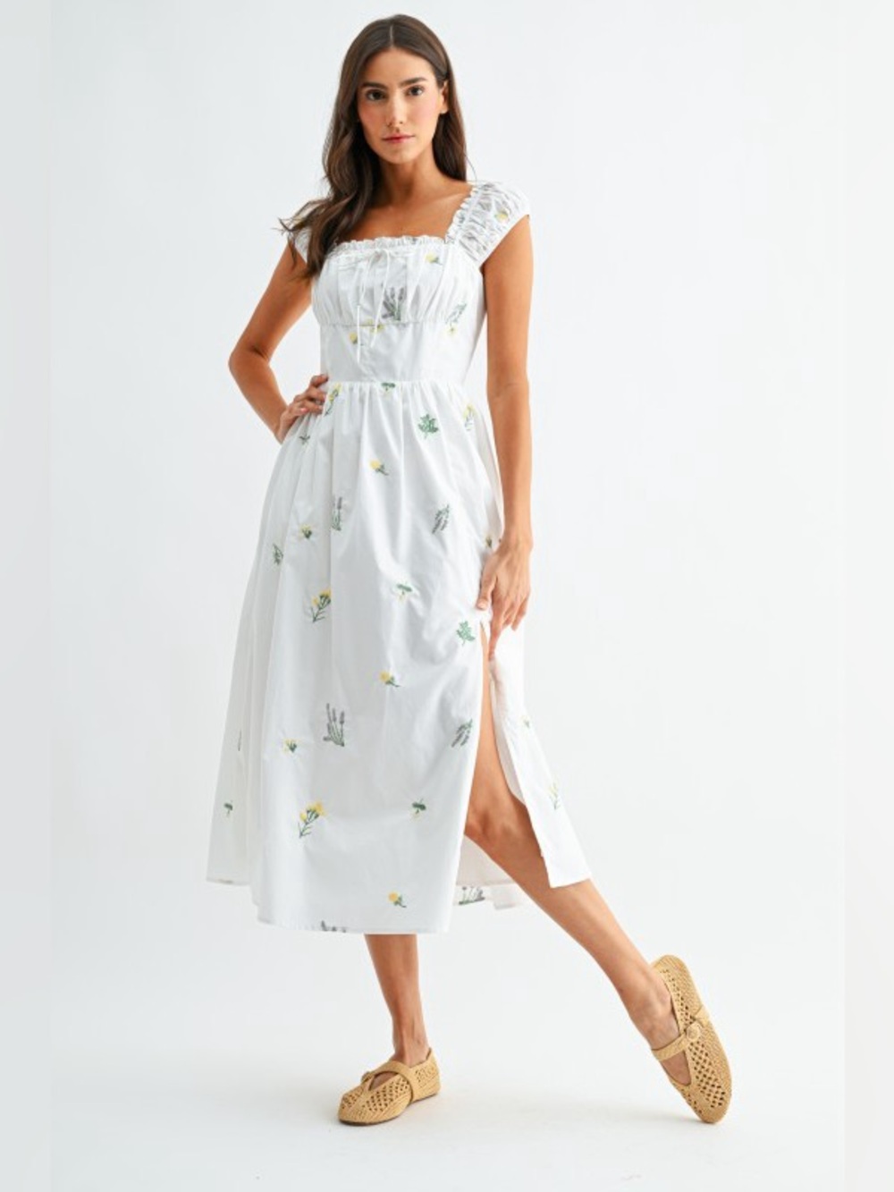 Camellia White Floral Embroidered Midi Dress